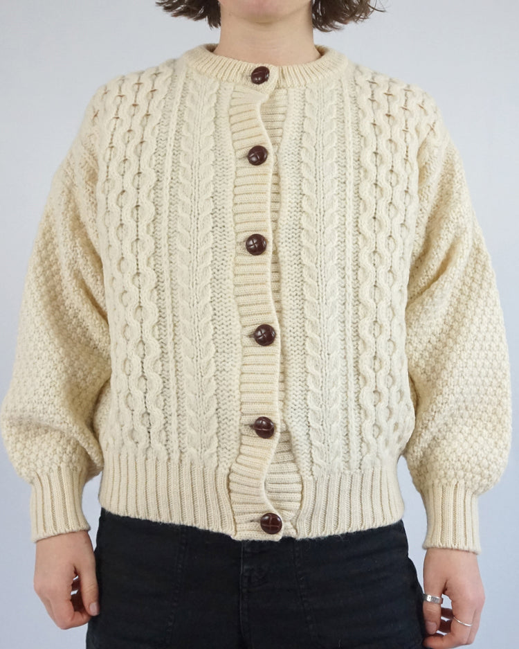 Balloon Sleeve Aran Wool Cardigan - M