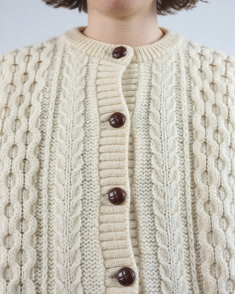 Balloon Sleeve Aran Wool Cardigan - M