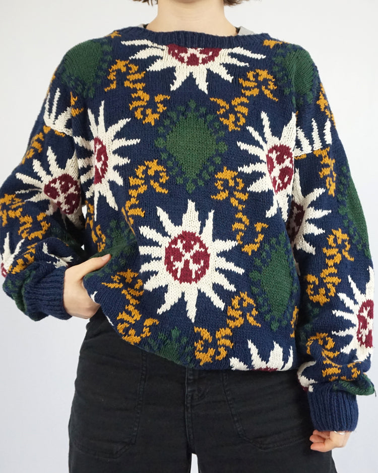 Blue Cotton Patterned Jumper - XL