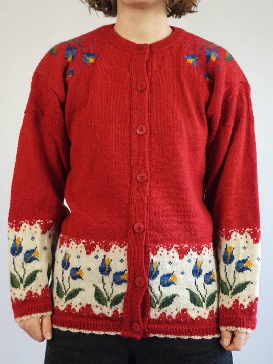 Red Tulip Wool Cardigan - M/L