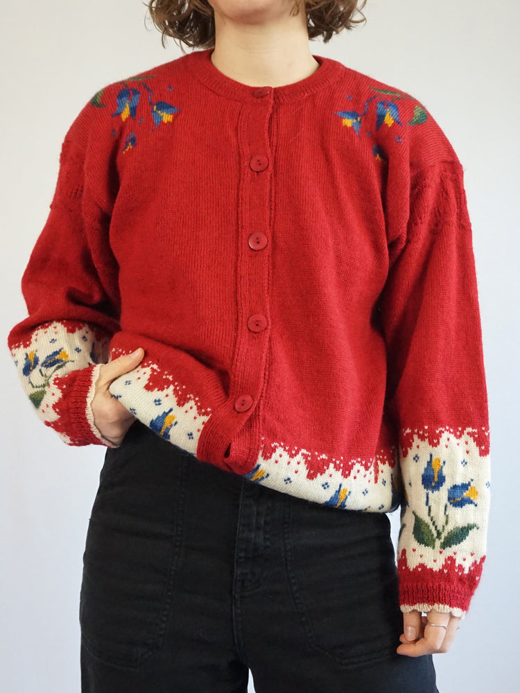 Red Tulip Wool Cardigan - M/L