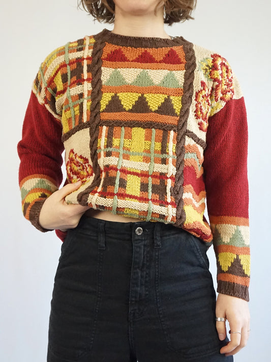 Red Patterned Cotton Jumper - M