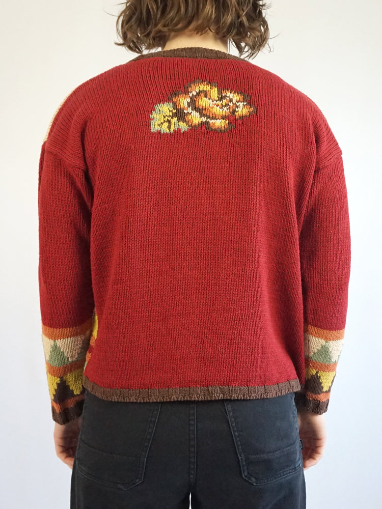 Red Patterned Cotton Jumper - M