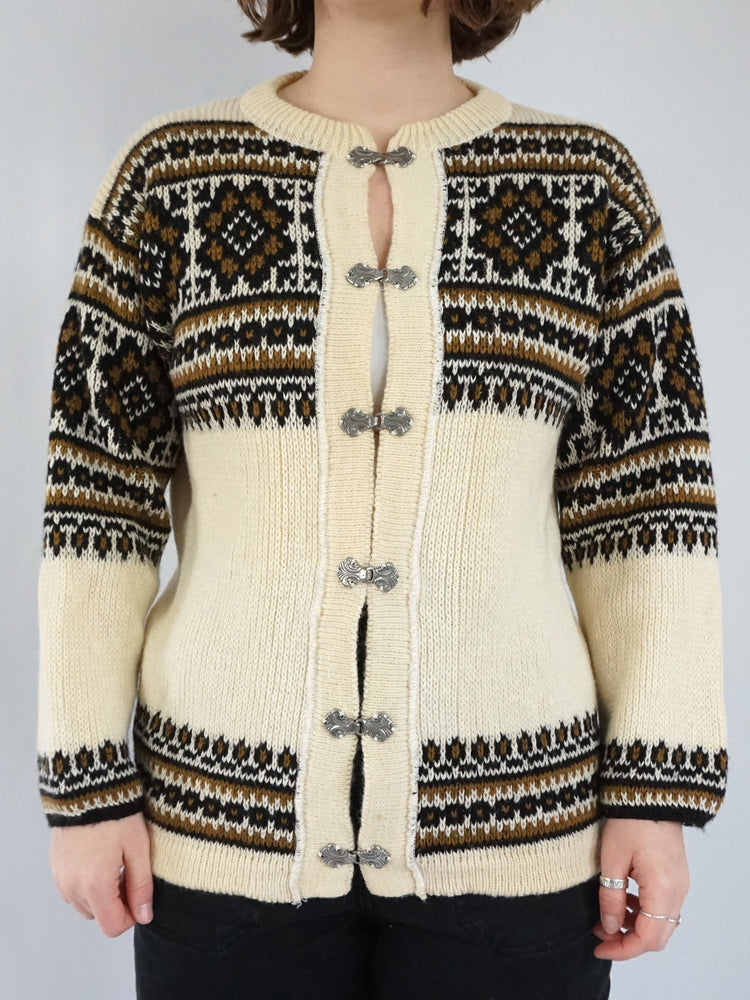 Norwegian Patterned Wool Cardigan - M