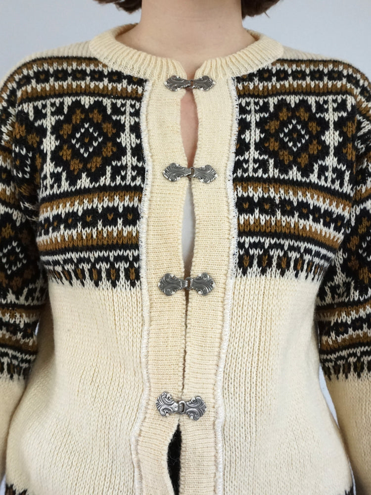 Norwegian Patterned Wool Cardigan - M