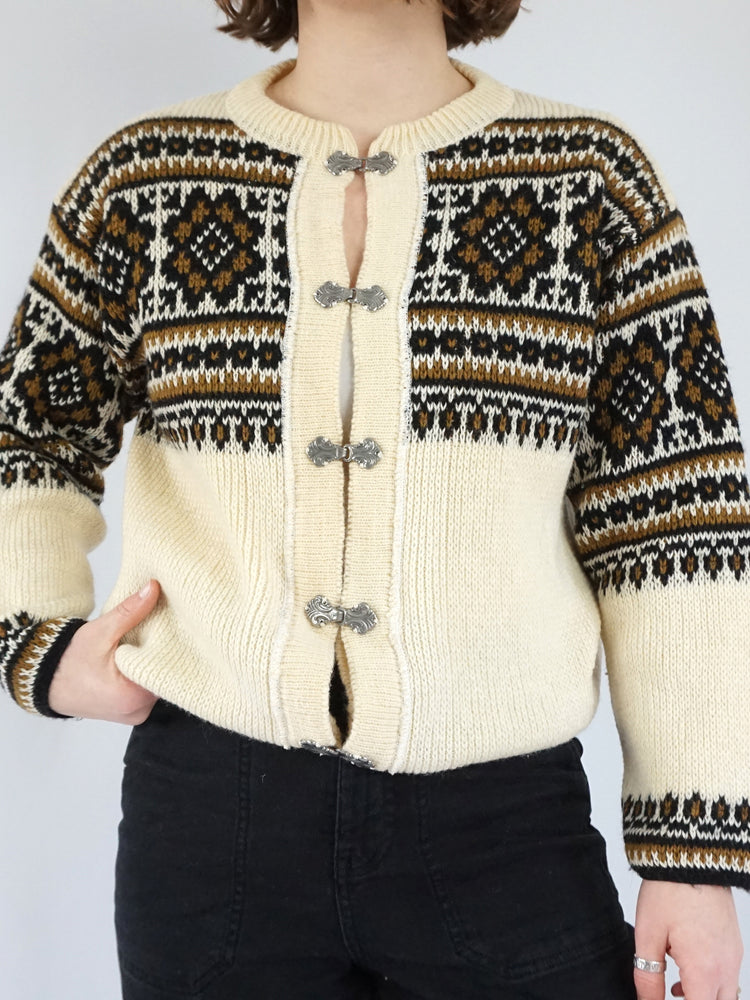 Norwegian Patterned Wool Cardigan - M