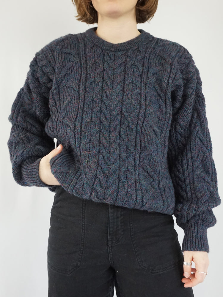 Grey Aran Wool Jumper - L