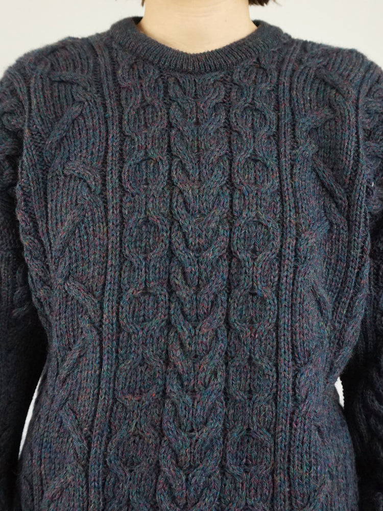 Grey Aran Wool Jumper - L