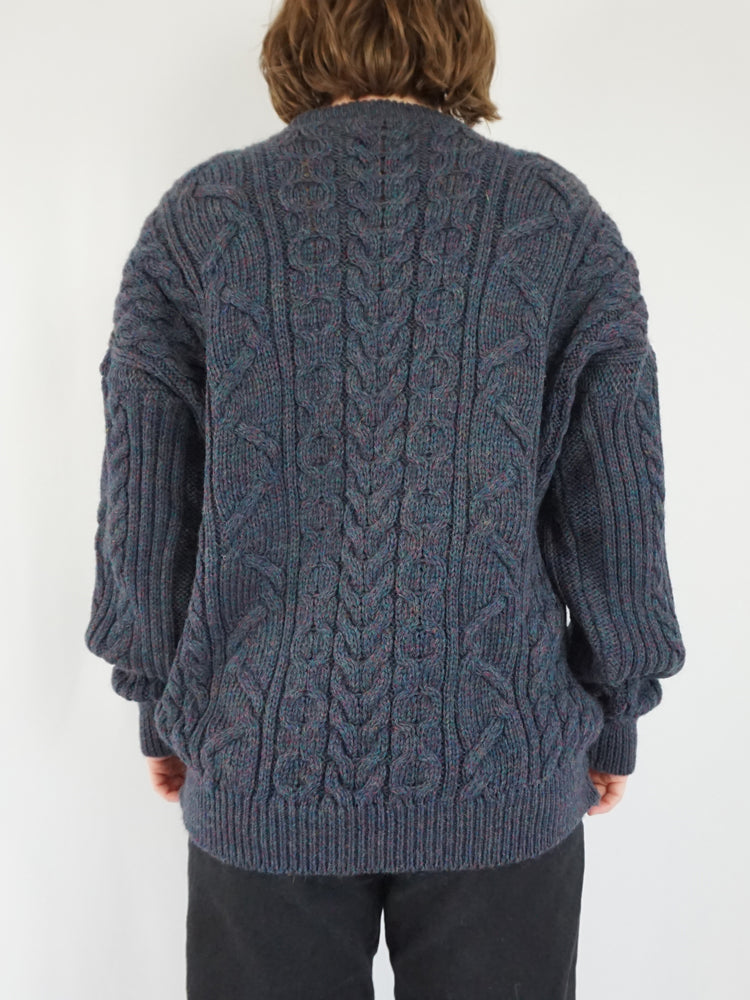 Grey Aran Wool Jumper - L