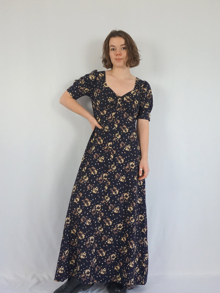 Black Floral Prairie Dress - S