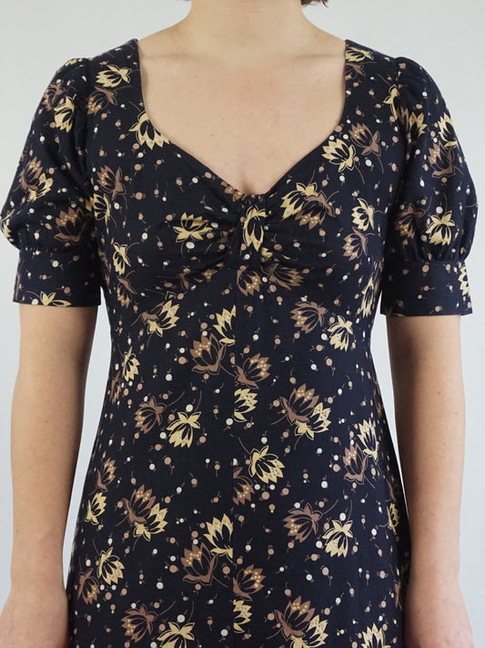 Black Floral Prairie Dress - S