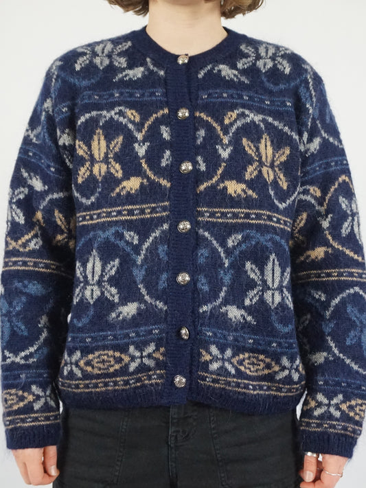 Blue Mohair Patterned Cardigan - M