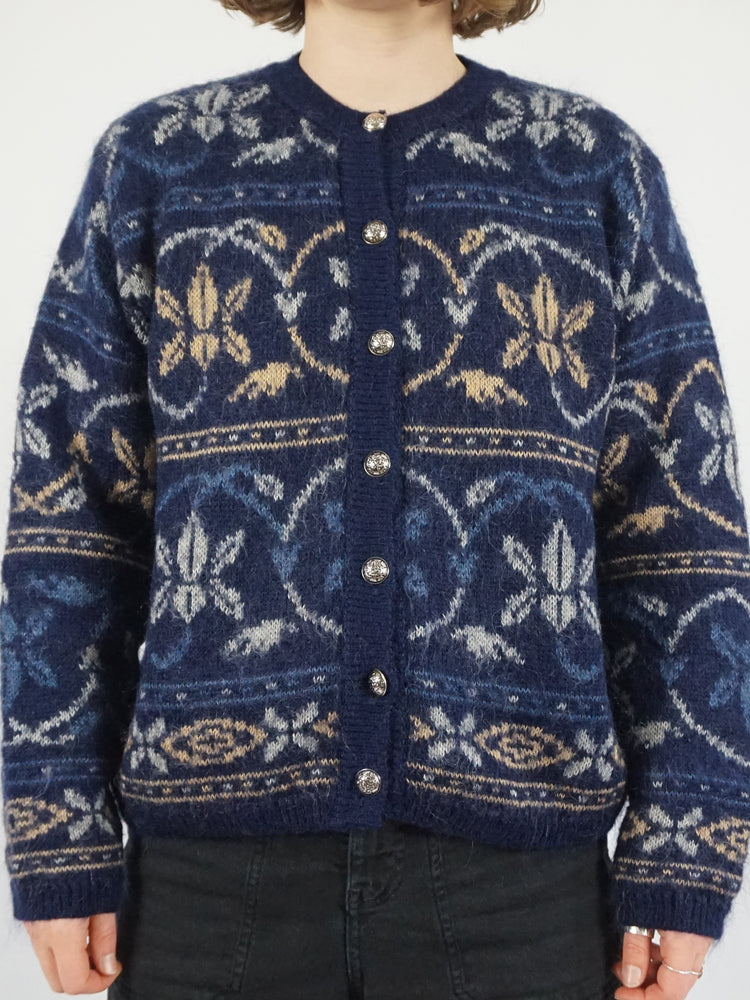 Blue Mohair Patterned Cardigan - M