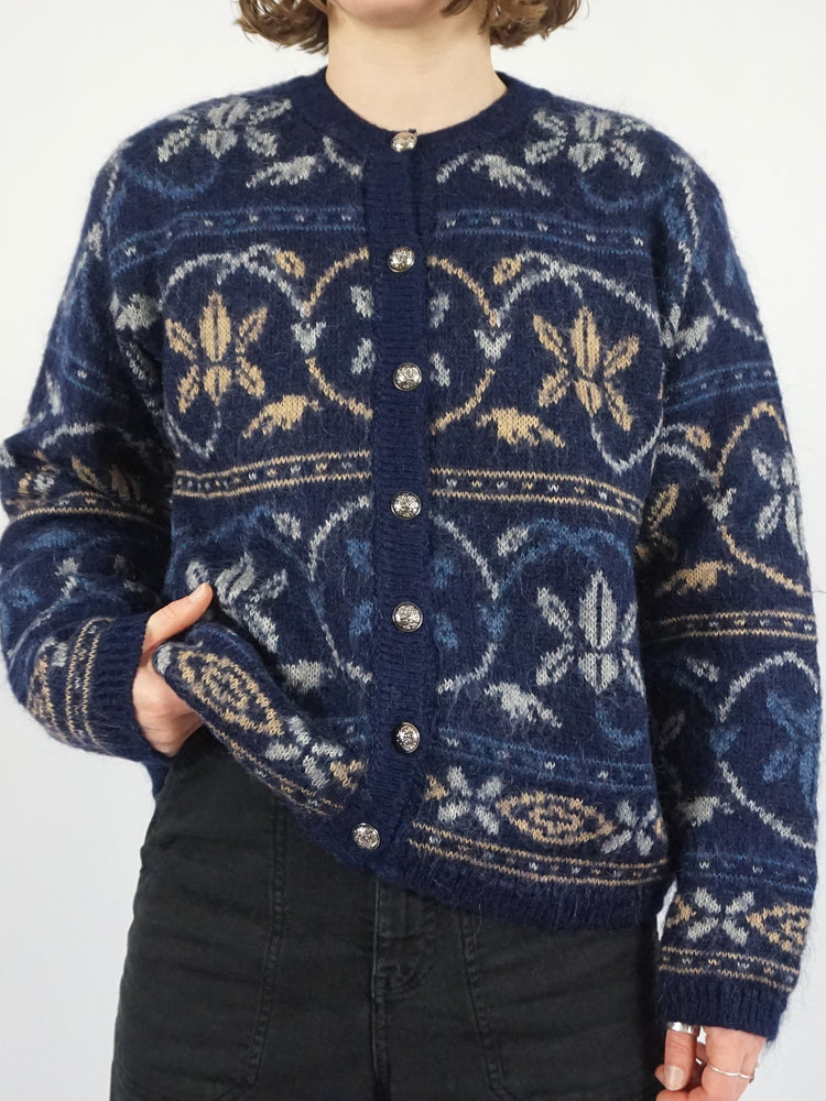 Blue Mohair Patterned Cardigan - M