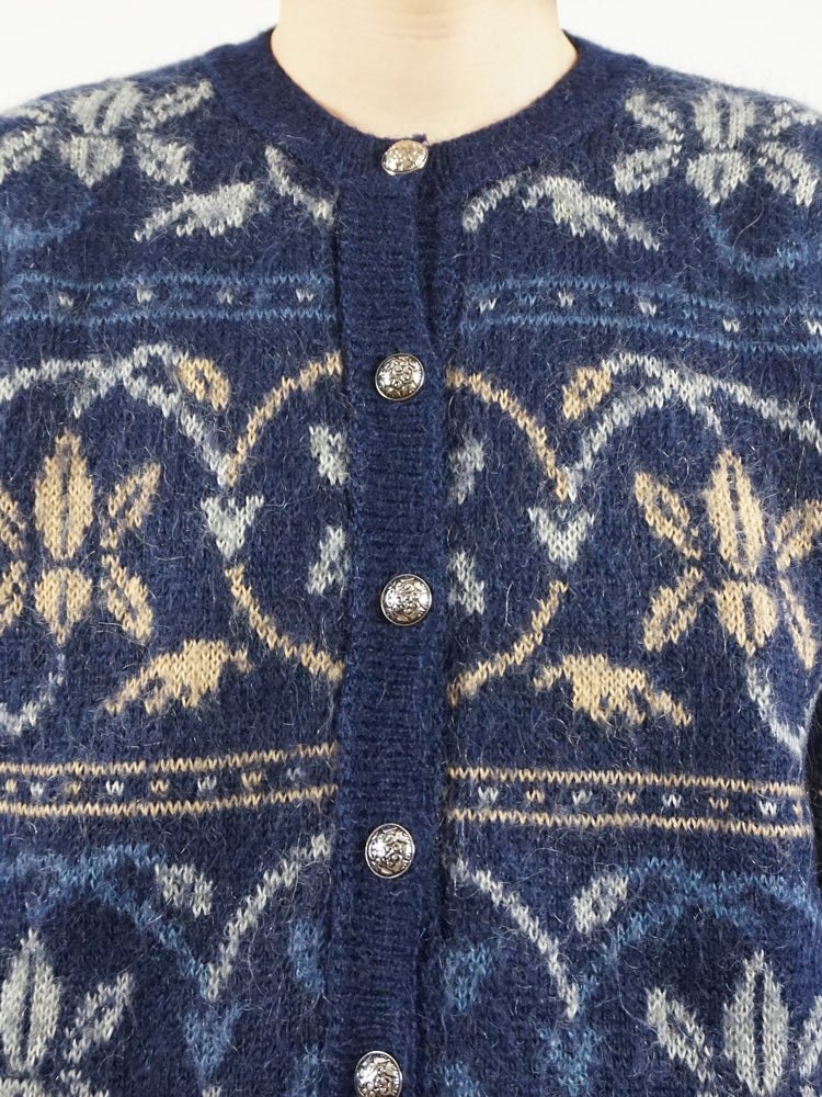 Blue Mohair Patterned Cardigan - M