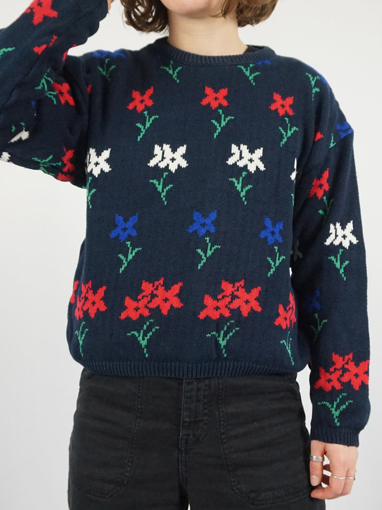 Navy Floral Cotton Jumper - M