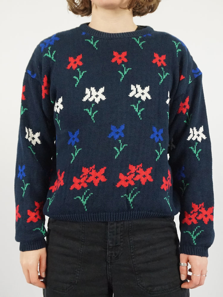 Navy Floral Cotton Jumper - M