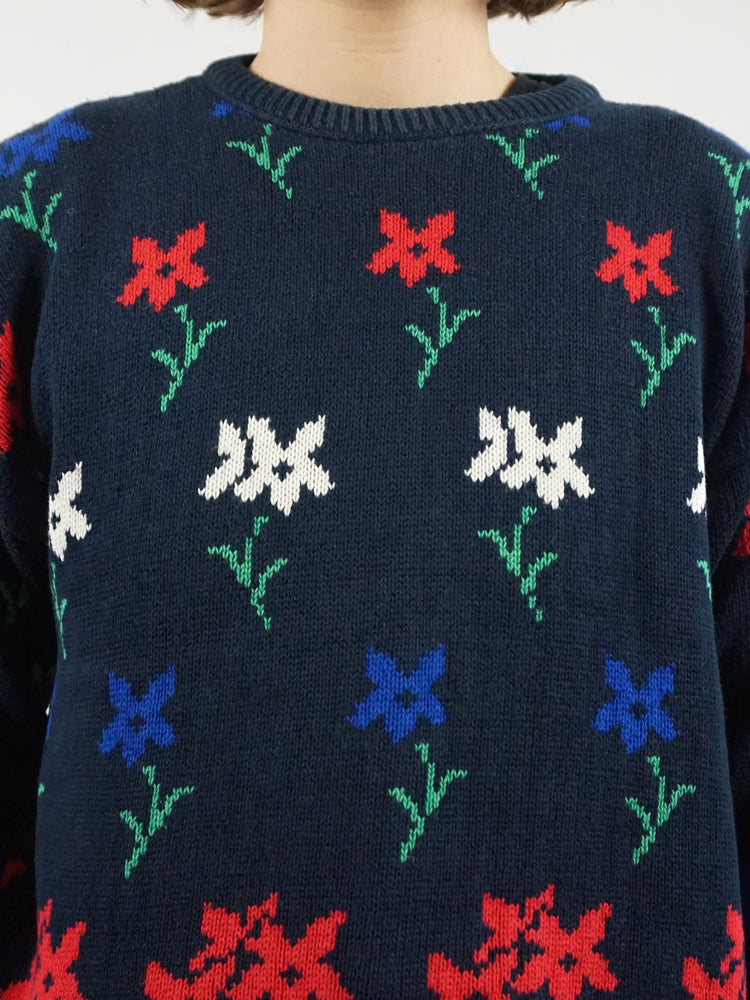 Navy Floral Cotton Jumper - M