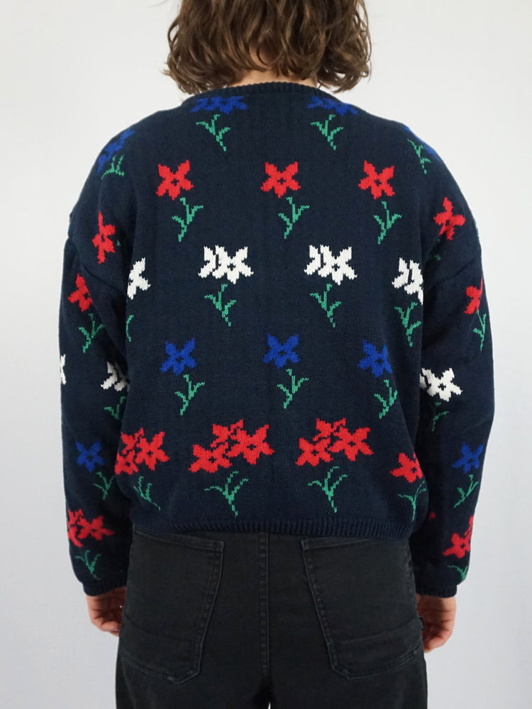 Navy Floral Cotton Jumper - M