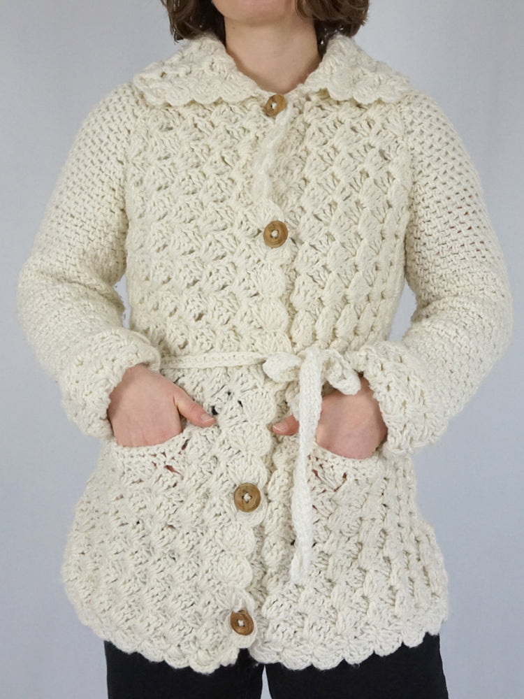 70s Belted Crochet Cardigan - L