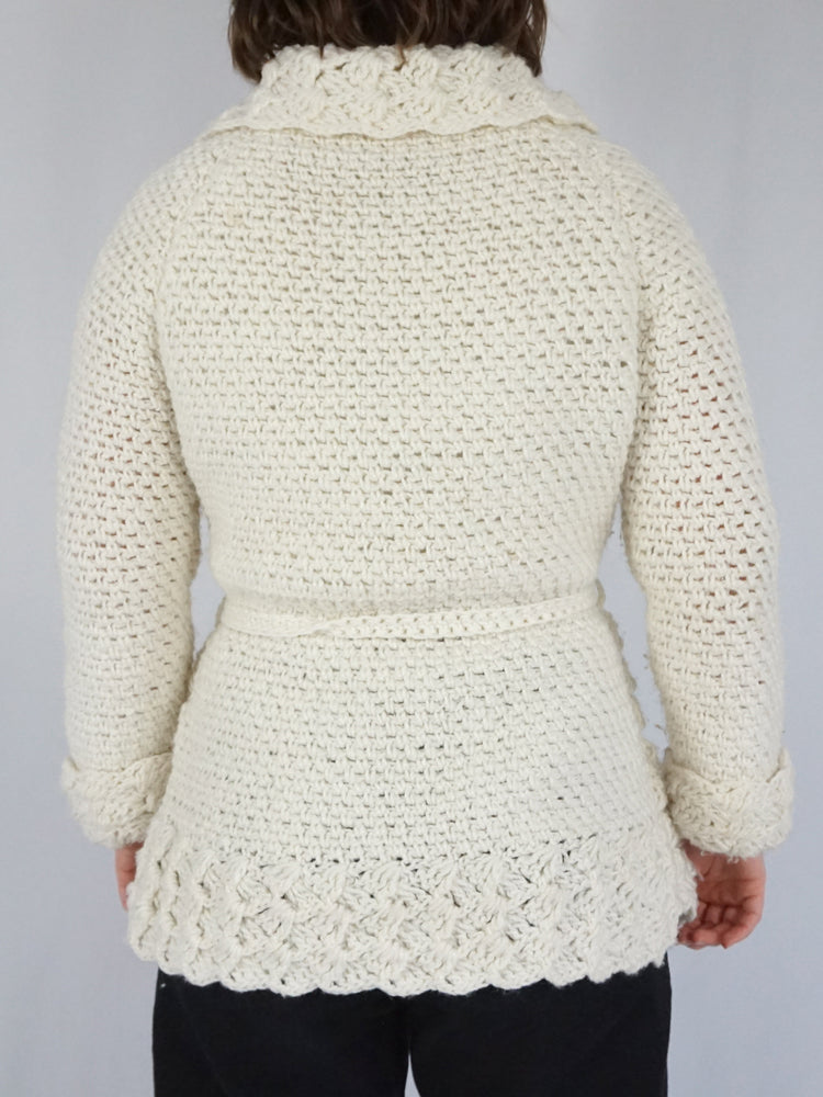 70s Belted Crochet Cardigan - L