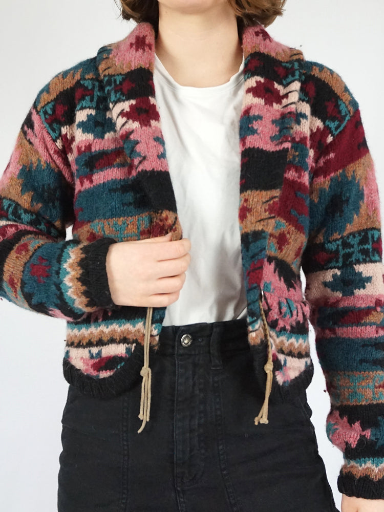 Aztec Patterned Wool Cardigan - M