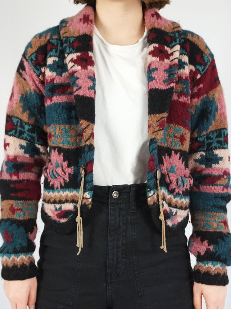 Aztec Patterned Wool Cardigan - M