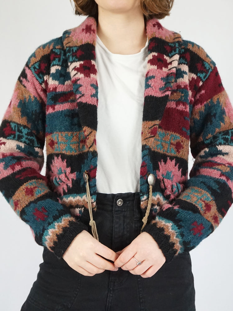 Aztec Patterned Wool Cardigan - M