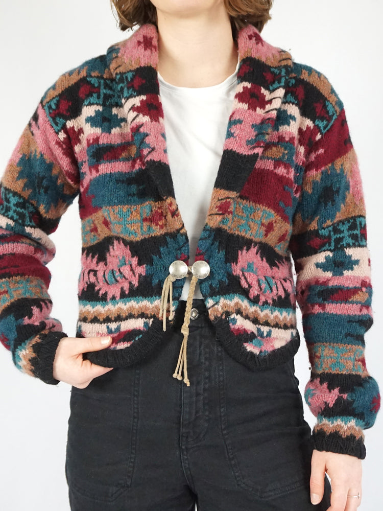 Aztec Patterned Wool Cardigan - M