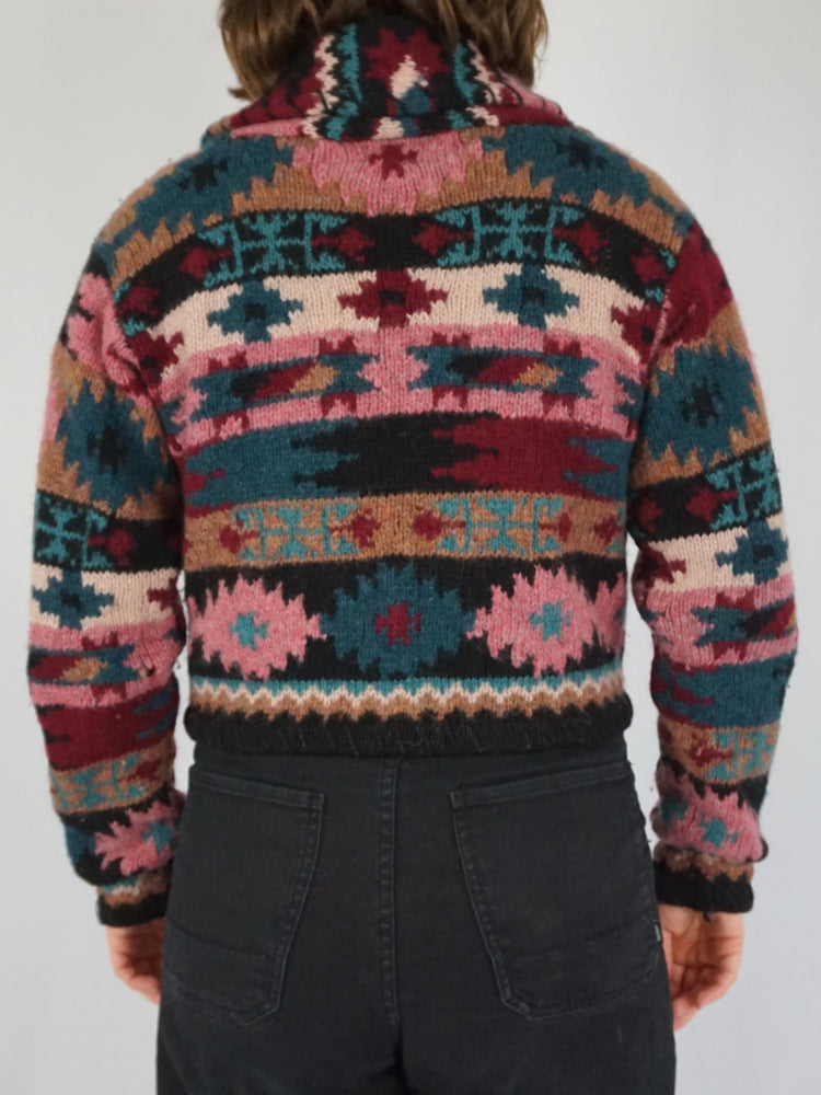 Aztec Patterned Wool Cardigan - M