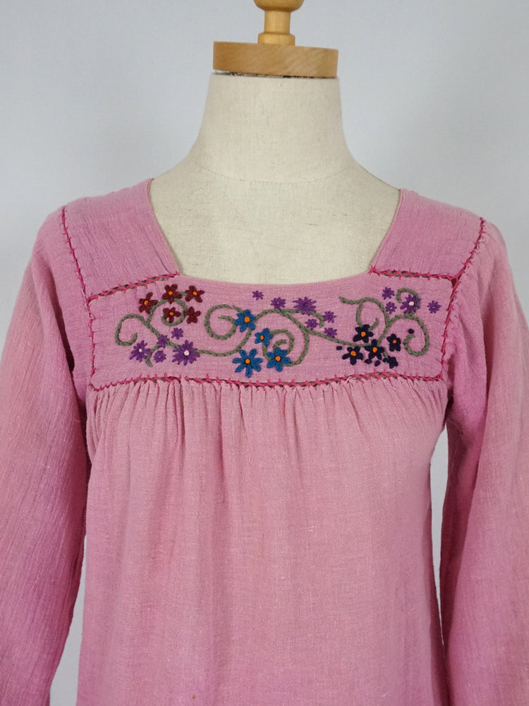 Vintage 70s Pink Cheesecloth Embroidered Smock Shirt XS Reloved Studio