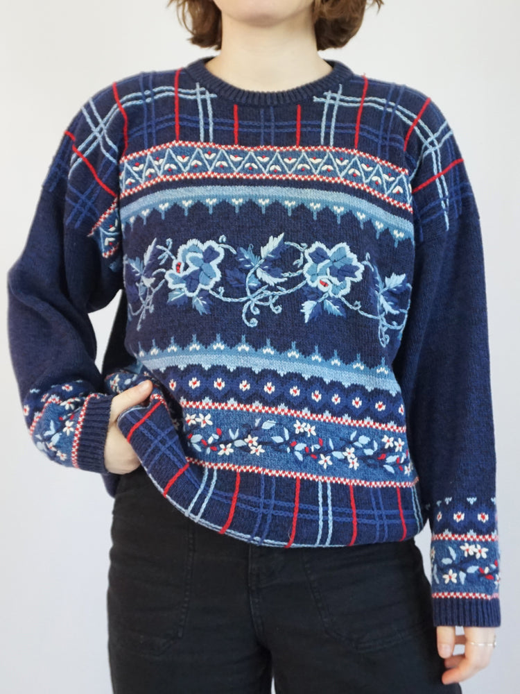 Navy Tulchan Embroidered Jumper - L