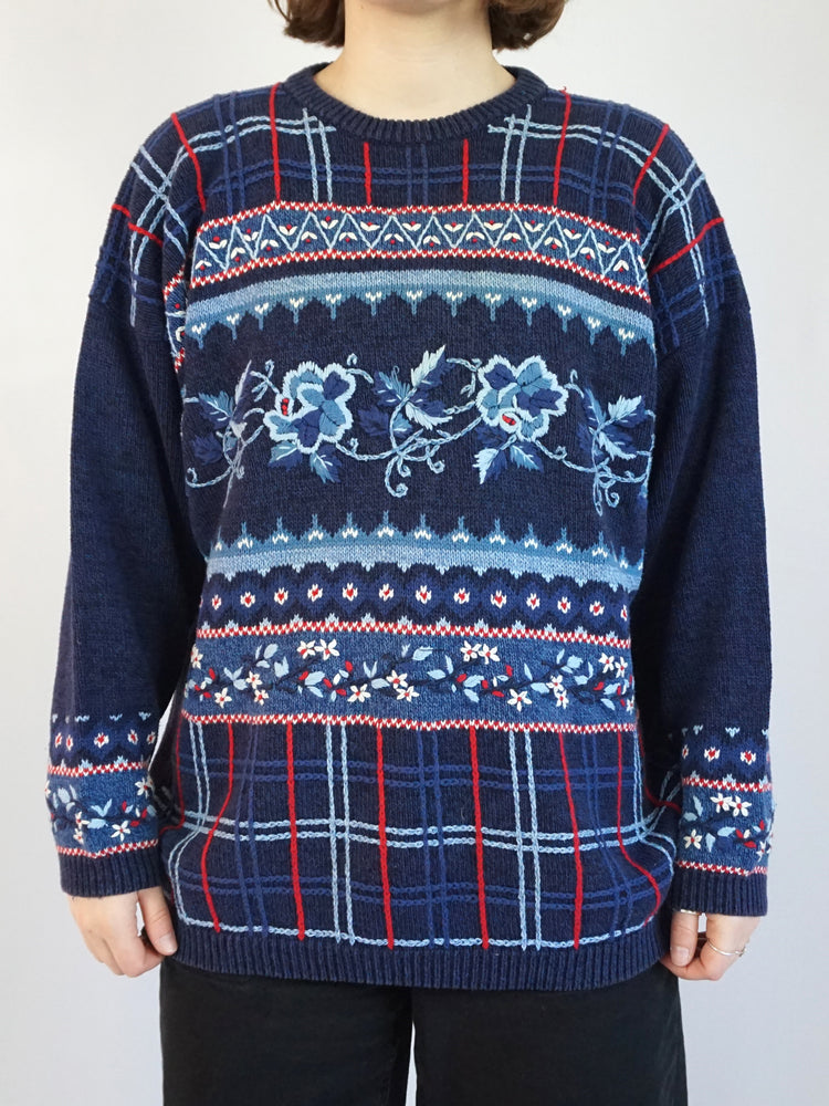 Navy Tulchan Embroidered Jumper - L