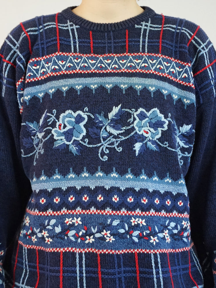 Navy Tulchan Embroidered Jumper - L