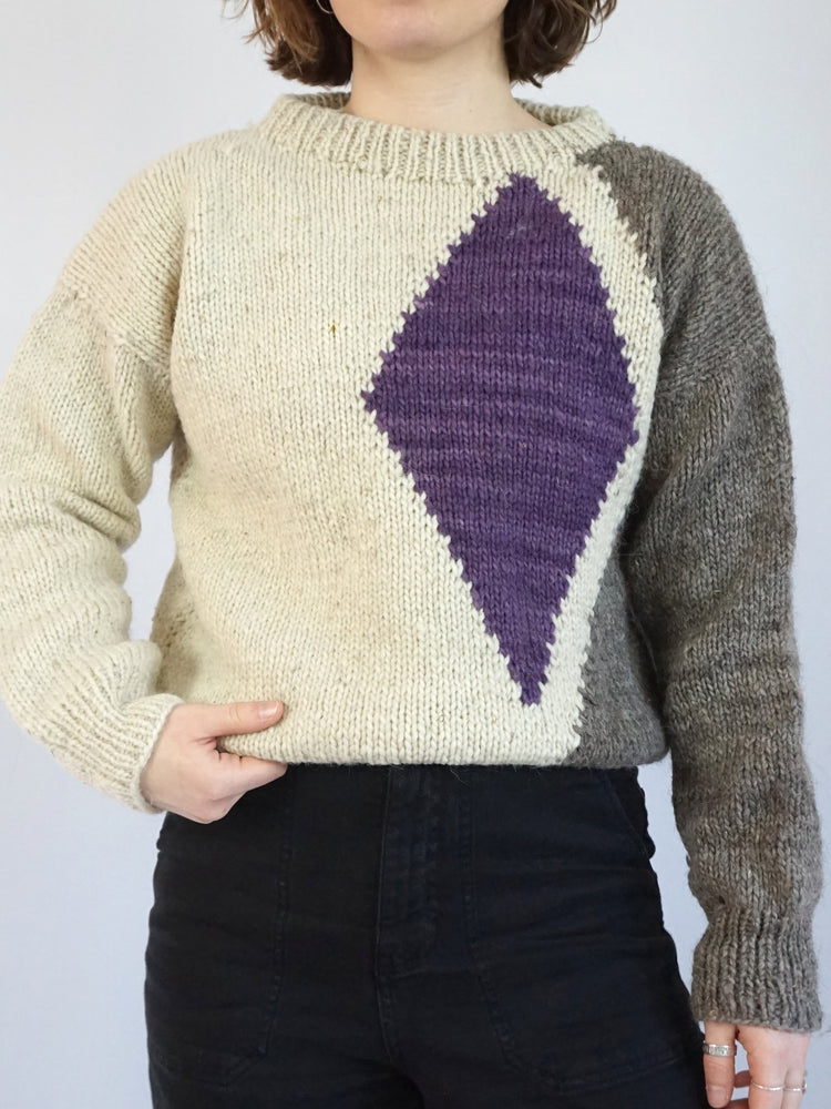 White, Grey & Purple Wool Jumper - M