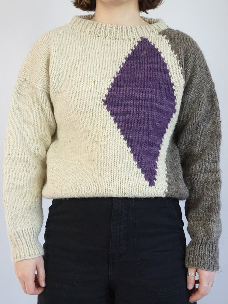 White, Grey & Purple Wool Jumper - M