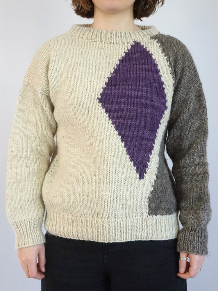 White, Grey & Purple Wool Jumper - M