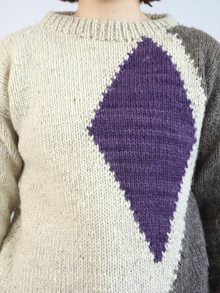 White, Grey & Purple Wool Jumper - M