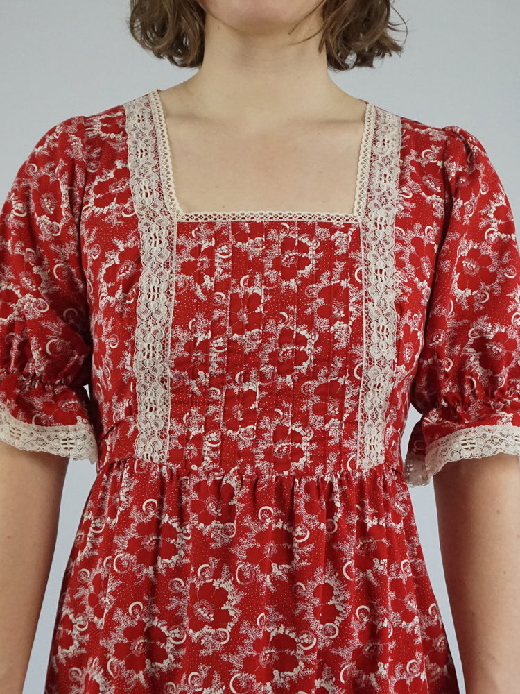 Red Floral Cotton Maxi Dress - S/M