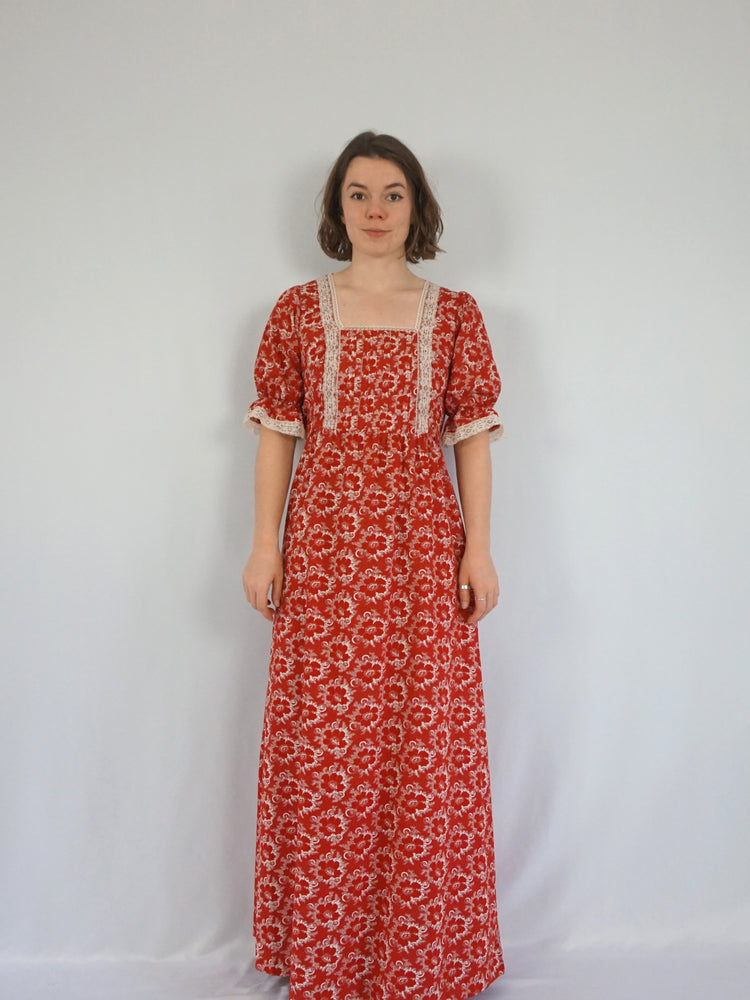 Red Floral Cotton Maxi Dress - S/M