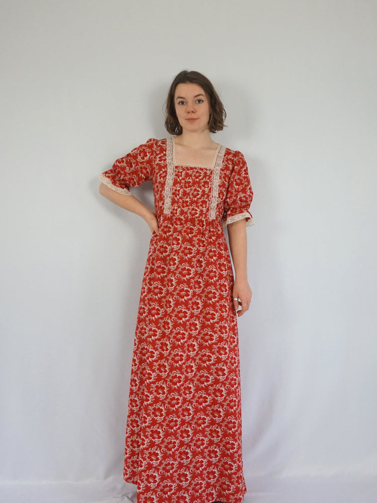 Red Floral Cotton Maxi Dress - S/M