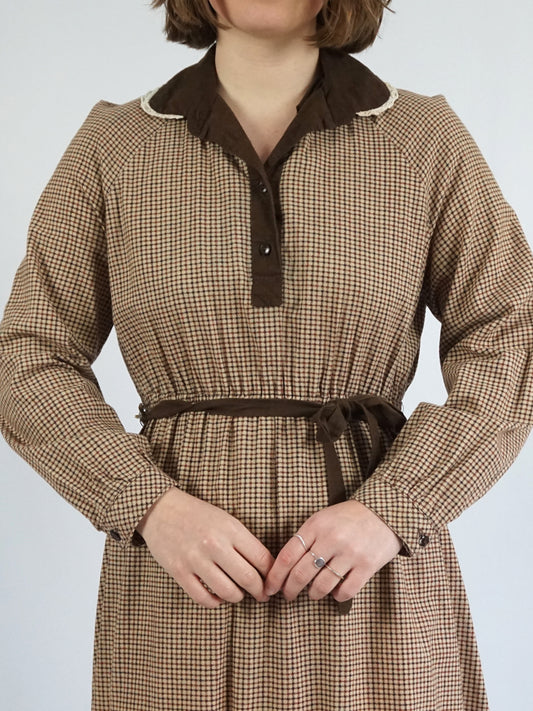 Brown Checkered Midi Dress - M