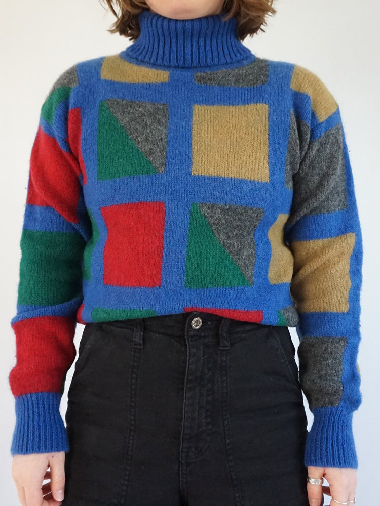 Blue Square Patterned Wool Turtleneck - S