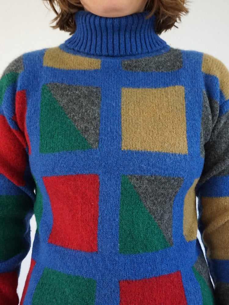 Blue Square Patterned Wool Turtleneck - S