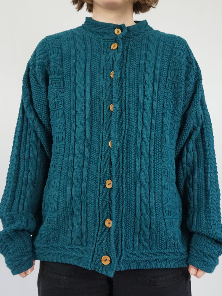 Teal Cotton Cable Knit Cardigan - XL