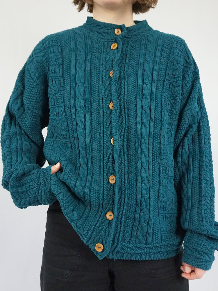 Teal Cotton Cable Knit Cardigan - XL