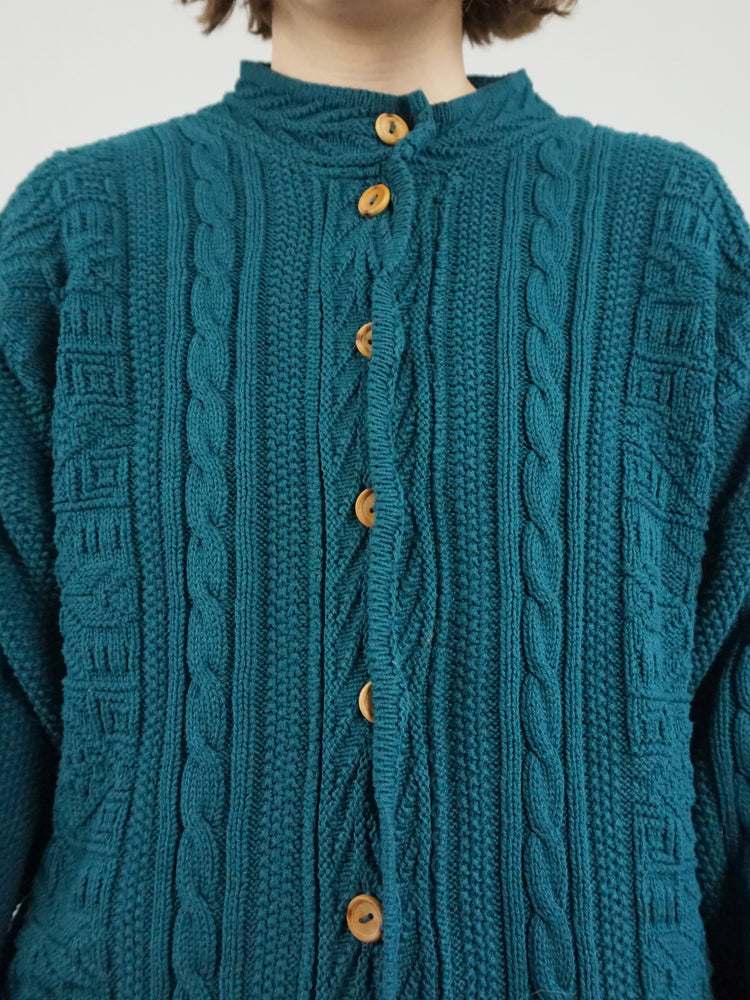 Teal Cotton Cable Knit Cardigan - XL