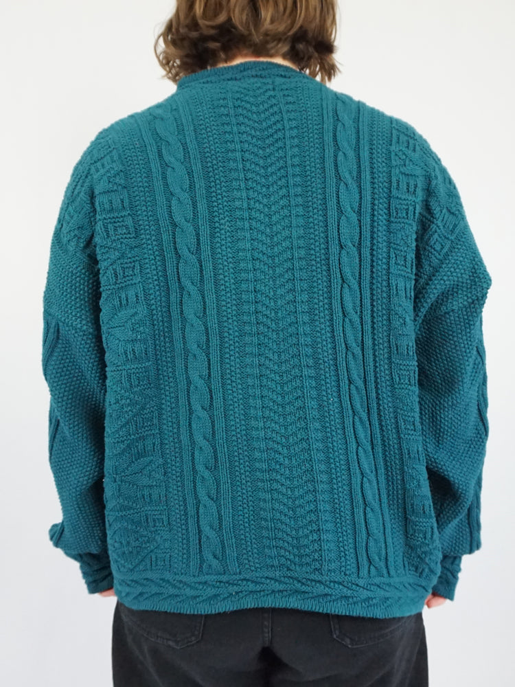 Teal Cotton Cable Knit Cardigan - XL