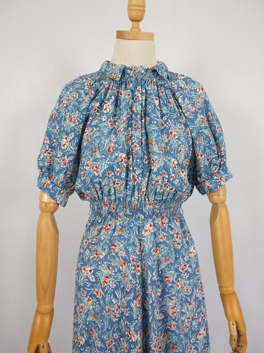 Blue Floral Smocked Dress - XS