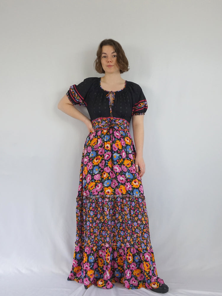 Bright Floral Tiered Corset Tie Dress - S/M